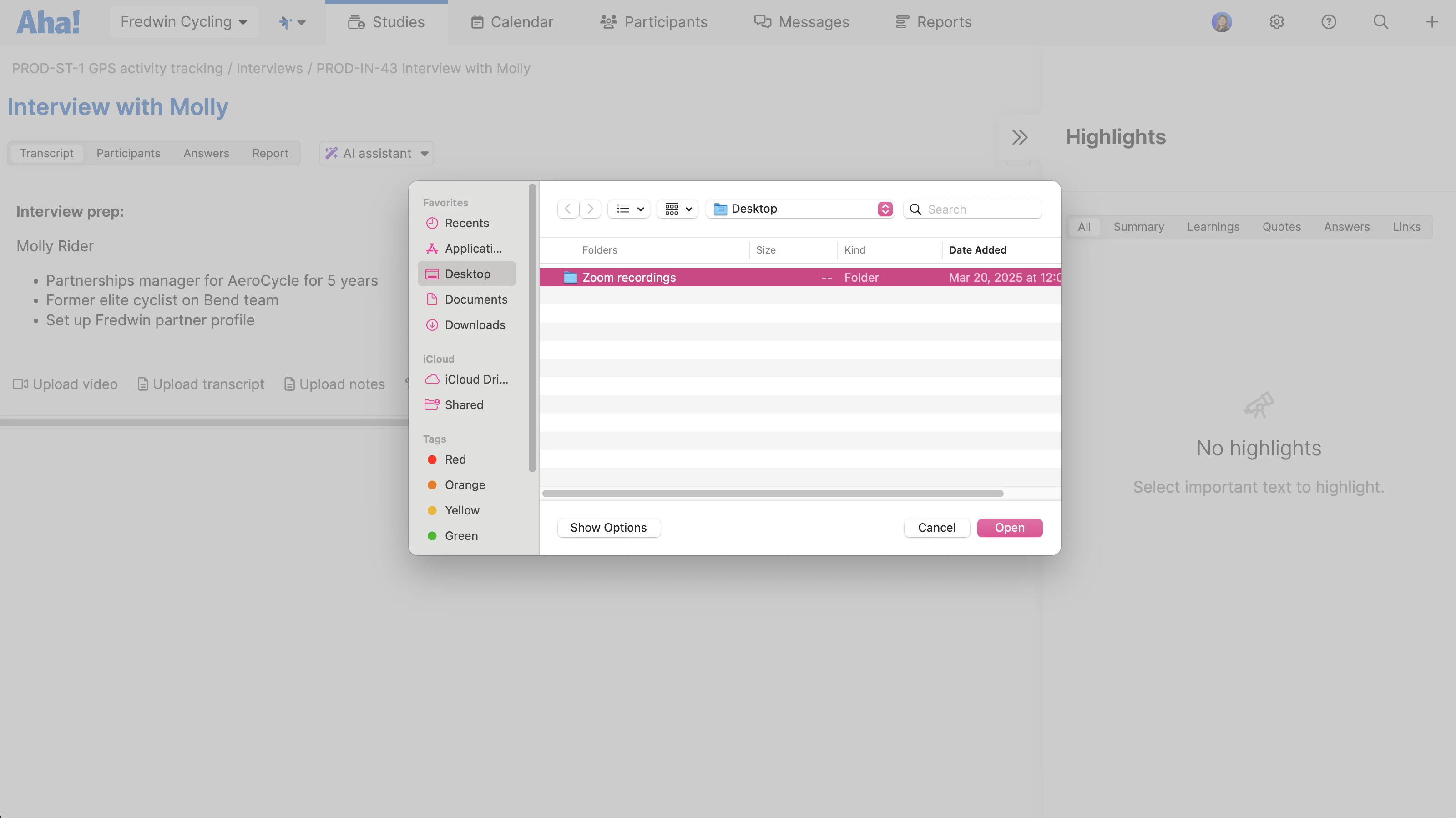 Uploading file of interview transcript into Aha! Discovery